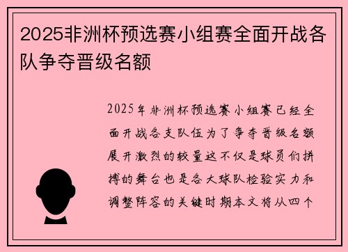 2025非洲杯预选赛小组赛全面开战各队争夺晋级名额