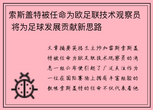 索斯盖特被任命为欧足联技术观察员 将为足球发展贡献新思路